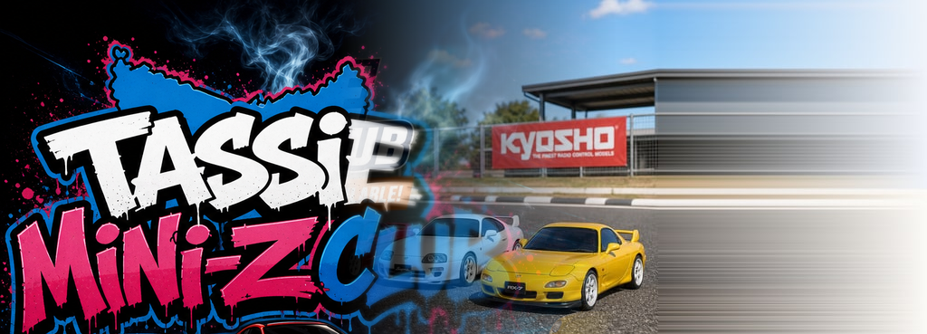 Tassie Mini-Z Club Street banner: graffiti brand lockup and 1/28-scale RC fun, over a daytime track scene with three Mini-Z cars.