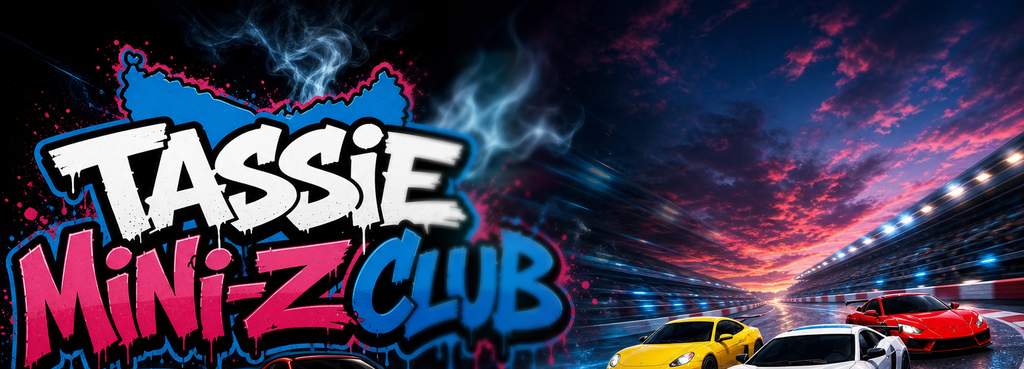 Tassie Mini-Z Club Street banner: graffiti brand lockup and 1/28-scale RC fun, over a sunset track scene with three Mini-Z cars.
